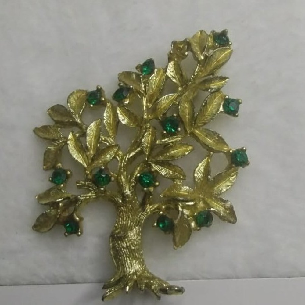 Dodds Vintage Tree of Life Brooch Gold Tone Emerald Green Rhinestone Pin